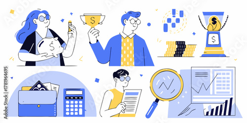 Diverse group of people celebrating financial success with trophies piggy bank coins calculator and charts