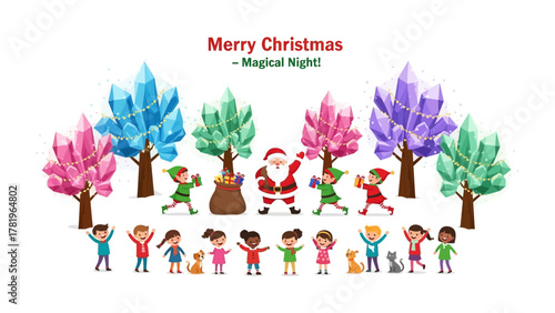Enchanting Christmas Fantasy: A cheerful festive scene unfolds with Santa, elves, children, colorful trees, and crystals celebrating Christmas, bathed in a magical ambiance.