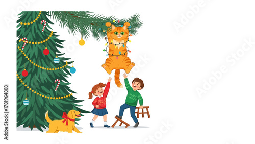 Festive Feline Fun: A cheerful cartoon scene unfolds as children engage with a cat tangled in holiday lights against a decorated Christmas tree and presents. A playful dog joins the festive gathering.