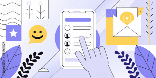 Abstract illustration of a hand interacting with a smartphone contact list and email notification