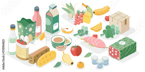 A vibrant isometric illustration of a diverse assortment of fresh food items and groceries