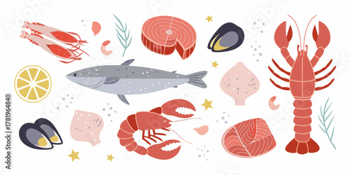 A vibrant collection of fresh seafood ingredients including fish lobster shrimp mussels salmon and lemon slices