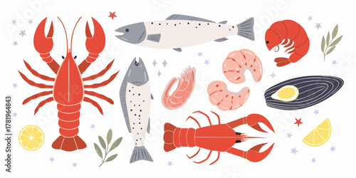 A vibrant collection of fresh seafood illustrations including lobsters fish shrimp and mussels with lemon and foliage accents