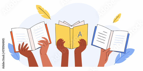 Diverse hands holding open books symbolizing education and the joy of reading together