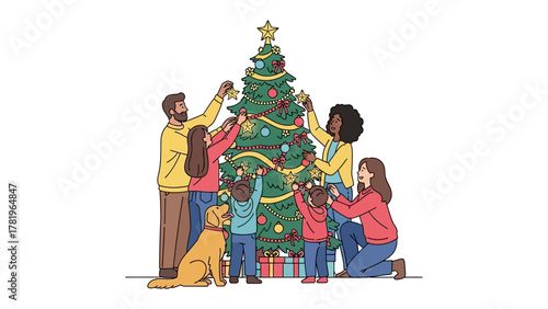 Family decorating Christmas tree: A family gathers to decorate a festive tree, creating a scene of holiday cheer and shared joy.
