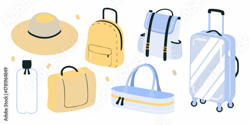 Collection of travel accessories including suitcases backpacks bags hat and water bottle