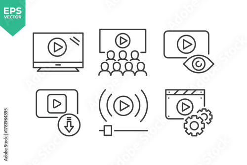 Set Of Video Line Icons. Contains such icons as Cinema, Screen, Streaming, Play, movie, Pause, Live, Production, and more.