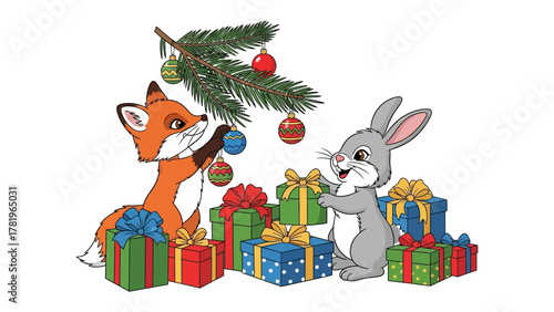 Festive Friends: A charming illustration depicts a fox and a rabbit adorning a Christmas tree, surrounded by colorful presents, perfect for holiday greetings or children's books.