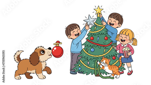 Festive Fun: A group of children and their furry companion embrace the holiday spirit, adorning a vibrant Christmas tree with ornaments, all while a playful puppy and a cute cat are nearby. 