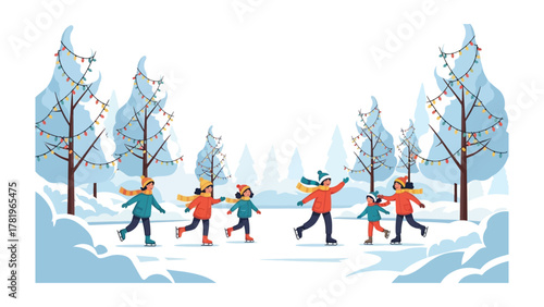 Winter Wonderland: Joyful figure skaters glide across a frozen pond, the scene adorned with snow-laden trees and twinkling lights, capturing the essence of winter fun and festive cheer.