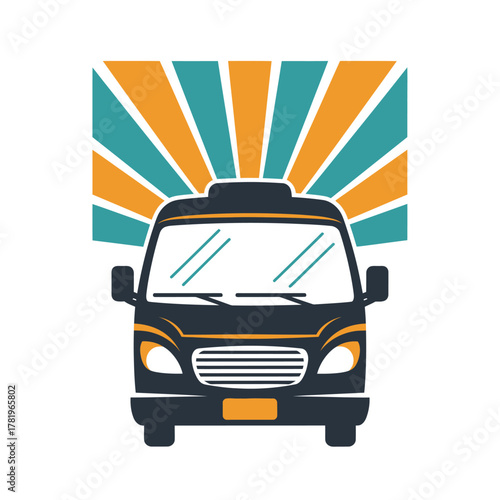 Front view of a black commercial van with a retro sunburst background.