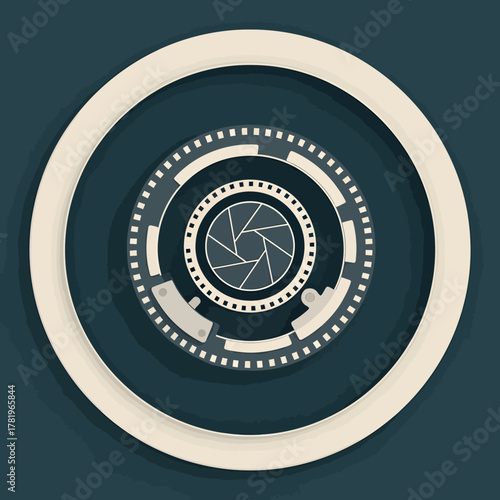 Futuristic digital camera lens with a high tech aperture interface graphic.