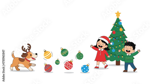 Christmas joy: Two children and a dog are happily playing around a Christmas tree, decorations and festive mood.
