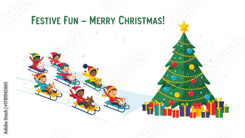 Festive Christmas Celebration: Joyful children sledding in a winter wonderland, a decorated tree stands tall, gifts scattered around, ready for Christmas festivities.