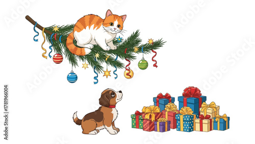 Christmas Cat and Dog Scene: A charming illustration captures the festive spirit of Christmas.