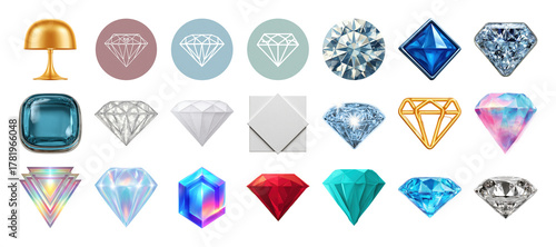 Collection of colorful diamond illustrations and geometric shapes, presented on transparent background