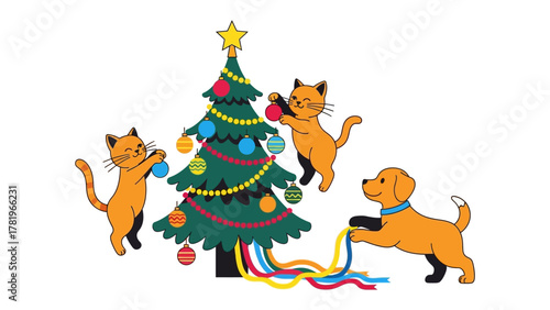 Holiday Cheer: A whimsical illustration of pets, a dog and two cats, decorating a Christmas tree, radiating the joy and anticipation of the season.