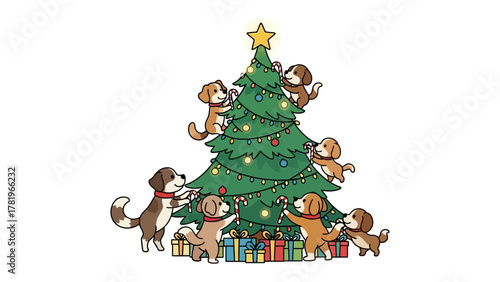 Festive Pups: A charming illustration depicts playful puppies adorning a Christmas tree with decorations and gifts, embodying the spirit of holiday cheer and camaraderie.