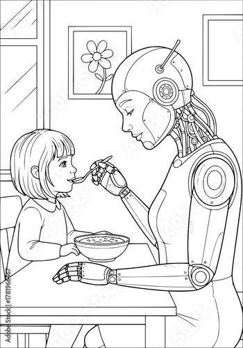 the robot feeds the baby porridge. coloring book