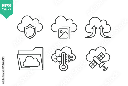 Set Of Cloud Computing Line Icons. The set includes a Data Analyzing, Data Center, Internet Technology, Cloud Storage, Database Platform, Computer Digital System, and more.