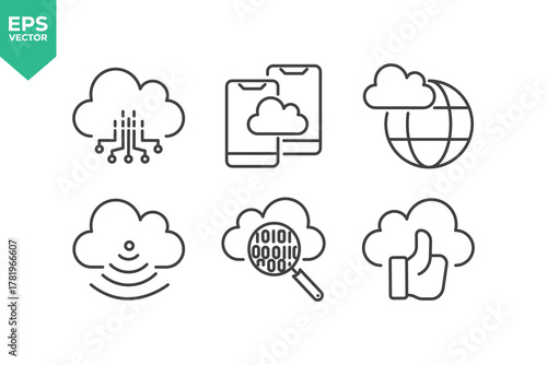 Set Of Cloud Computing Line Icons. The set includes a Data Analyzing, Data Center, Internet Technology, Cloud Storage, Database Platform, Computer Digital System, and more.