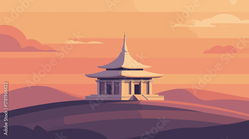 Asian Temple Scenery Vector Graphic. Flat Design Illustration. Building
