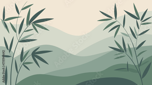 Bamboo Branches on Abstract Green Mountain Background Illustration