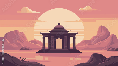 Asian Temple Silhouette by Water Vector Serene Landscape Illustration