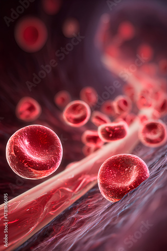 Microscopic view of red blood cells flowing inside human vein showcasing circulatory system and biological science visualization concept
