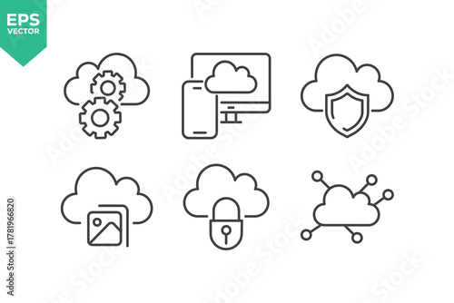Set Of Cloud Computing Line Icons. The set includes a Data Analyzing, Data Center, Internet Technology, Cloud Storage, Database Platform, Computer Digital System, and more.