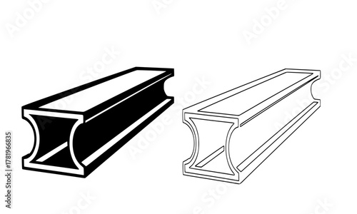 Stylized Hollow Structural Beam Profile Icon, Black and White Vector Line Art Set, Engineering Construction Element Drawing, Industrial Architecture Component, Metal Girder Silhouette