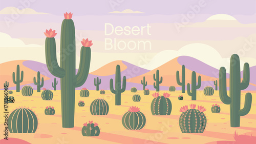 Desert Bloom Cacti Illustration Sandy Landscape Vibrant Colors