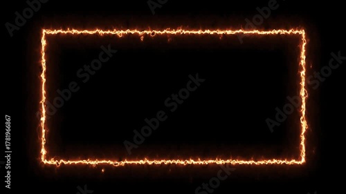 Glowing fiery rectangular frame with burning edges on a dark background. Dynamic flame animation with intense orange light, perfect for hot energy effects, intros, and cinematic designs.