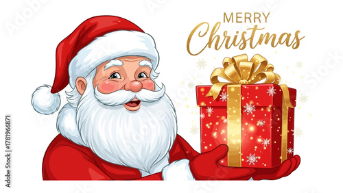 Santa Claus with Gift: Festive illustration of Santa Claus holding a beautifully wrapped gift box, set against a backdrop wishing Merry Christmas. Capturing the spirit of giving and seasonal joy.