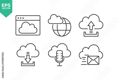 Set Of Cloud Computing Line Icons. The set includes a Data Analyzing, Data Center, Internet Technology, Cloud Storage, Database Platform, Computer Digital System, and more.