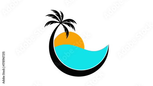 Modern Tropical Sunset Logo with Palm Tree and Ocean Wave