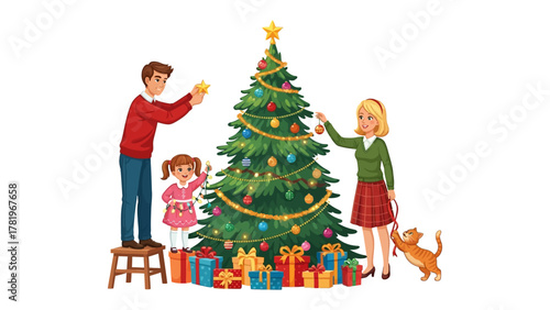Christmas Tree Decoration: A happy family gathered around a beautifully decorated Christmas tree, adding ornaments and spreading the joy and anticipation of the holiday season. 