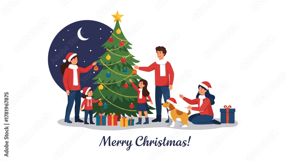 Fototapeta premium Christmas Family Togetherness: An illustration of a happy family gathering, decorating a Christmas tree together, their faces lit with joy and anticipation for the holiday.