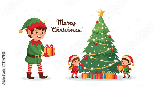 Merry Christmas with Festive Elves: Joyful elves share holiday cheer, exchanging gifts by a decorated evergreen tree, embodying the spirit of the season.