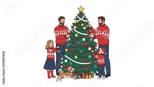 Family decorating Christmas tree: A heartwarming moment unfolds as a family, united by love and the festive spirit, gathers to adorn a Christmas tree with ornaments.