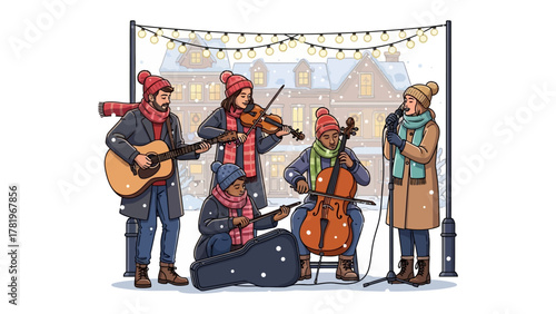 A winter musical performance: A group of musicians plays their instruments and sings, a delightful winter scene is captured with delicate snowflakes falling, soft glow from the lights.