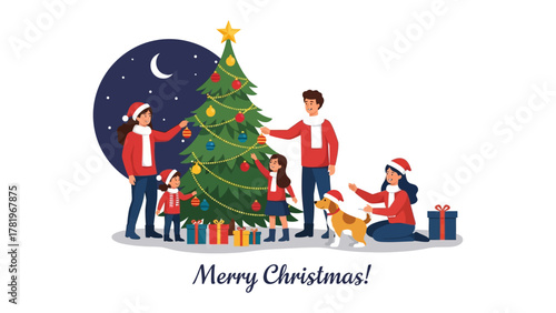 Christmas Family Togetherness: An illustration of a happy family gathering, decorating a Christmas tree together, their faces lit with joy and anticipation for the holiday.