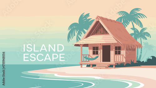 Tropical island escape vector illustration with palm trees and sandy beach