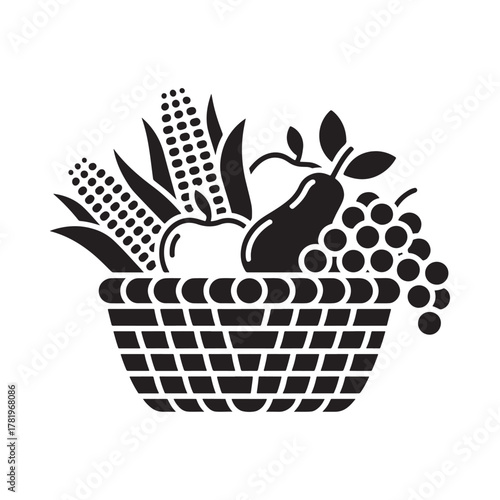 Stylized black and white illustration of a woven basket overflowing with fresh produce