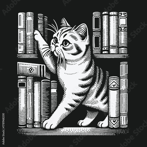 Vintage woodcut illustration of a curious cat on a bookshelf.