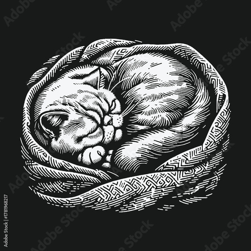Vintage hand drawn sleeping cat curled up in a cozy blanket illustration.