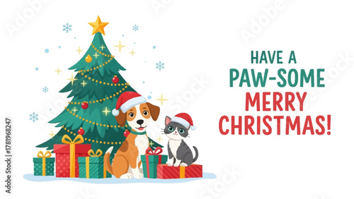 Festive Paw-some Christmas: An adorable dog and cat duo, donned in Santa hats, sit contentedly amidst Christmas decorations, wishing a paw-some Christmas.