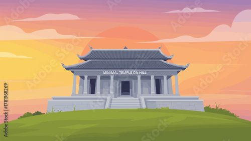 Minimal Temple on Hill Vector Illustration. East Asian building Landscape