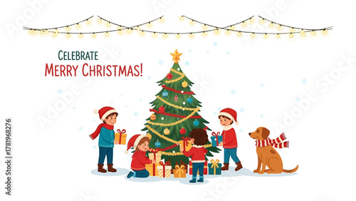 Fotografía Holiday Cheer: Animated youngsters and a friendly canine revel in the magic of the holiday, surrounded by beautifully adorned evergreen, radiant fairy lights, and thoughtfully presented gifts