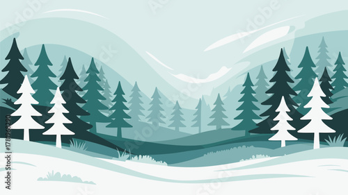 Minimalist Pine Forest Landscape Snow Scene Vector Illustration